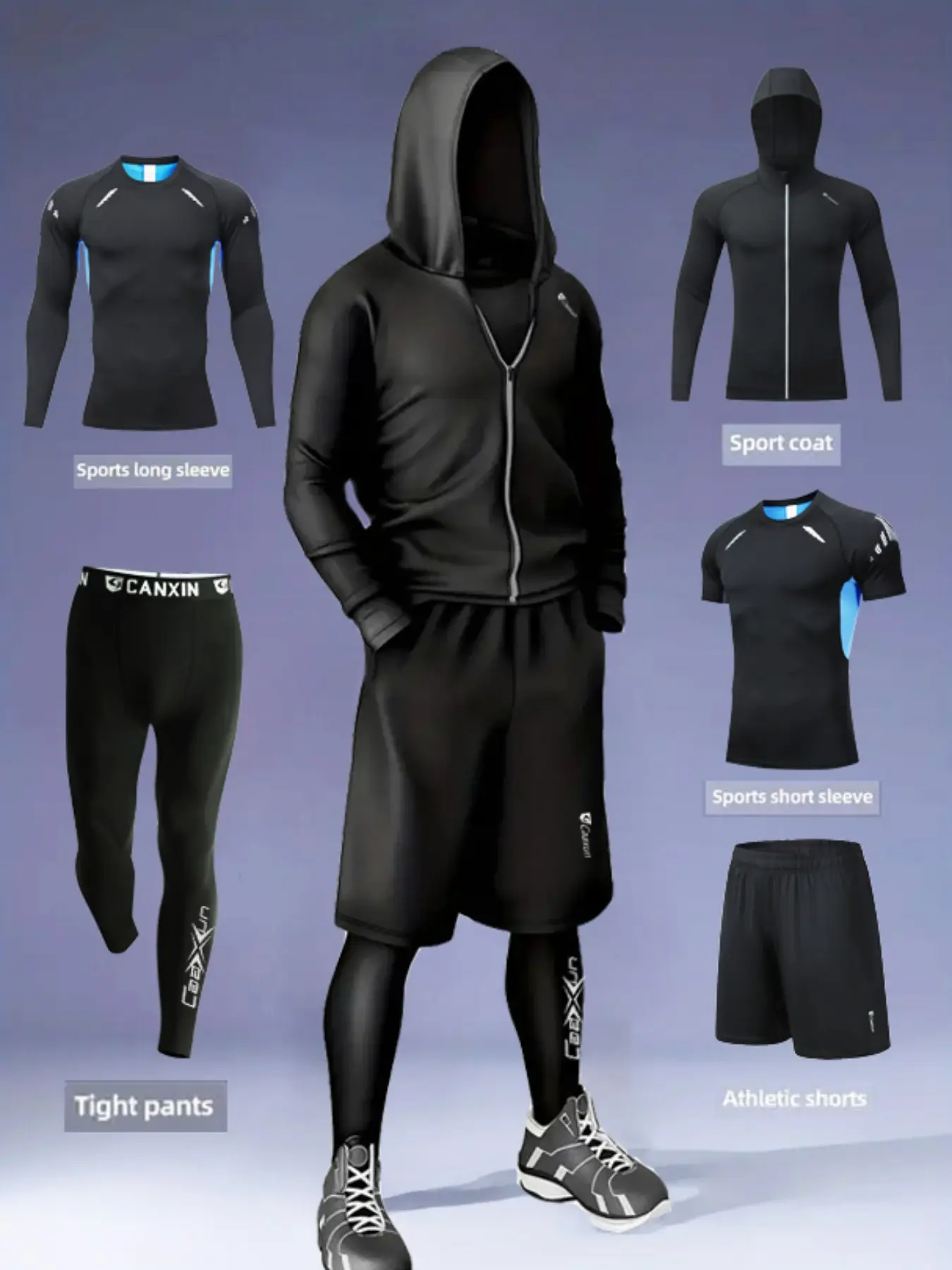 Men's 5 Piece Sports Set, Breathable Mesh Long Sleeve Tee, High Elasticity Compression Pants, Quick-Dry Hoodie & Shorts