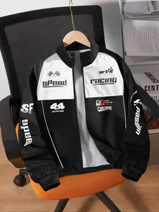 Colorful splicing Patchwork Bomber men's racing themed letter printed long sleeve jacket, a casual, Fitted motorcycle jacket, Casual Fashion Jacket suitable for daily sports and outdoor activities, Coats, Menswear, Biker Jackets