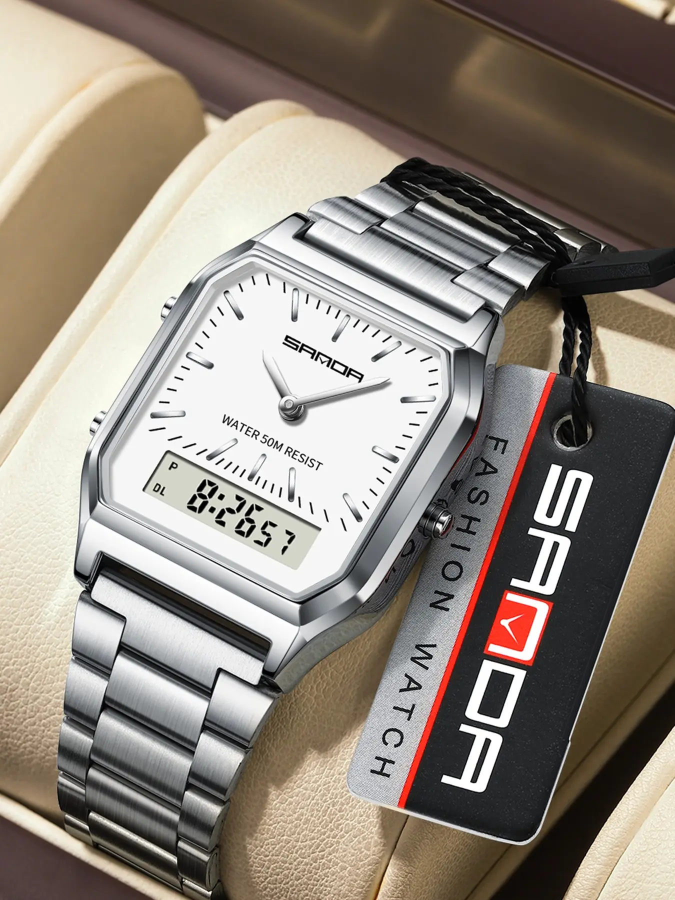 SANDA Digital Dual Display Unisex, Waterproof Watch, Sports Quartz Watch, Quartz Wristwatch, Stainless Steel Watch, with Luminous & Alarm & Calendar Function, with Box