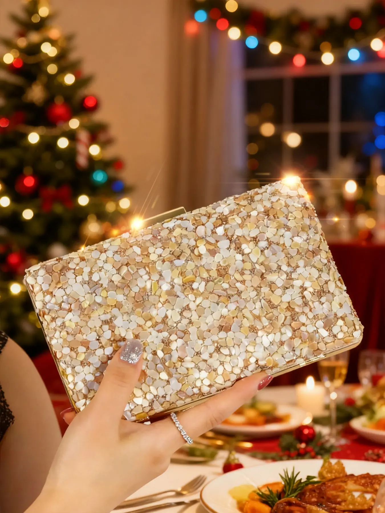 Elegant Asymmetrical Stone Evening Bag, Party Dress Crossbody Clutch, Christmas Gift Wedding Bridal Handbag, Trendy Minimalist Purse