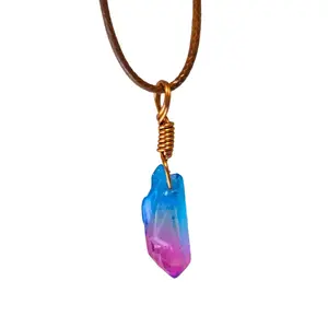 Blue, Purple, Pink Quartz Dyed Pendant with Copper Wire Bail | Natural Stone Pendant | Comes With Wax Cord Adjustable Necklace