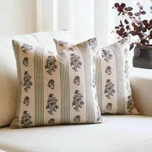 Amor Virisso Floral Throw Pillow Covers 20x20 Set of 2 Block Print Pillow Covers Neutral Floral Striped Farmhouse Decorative Pillow Covers for Sofa Couch Bed, Dusty Green