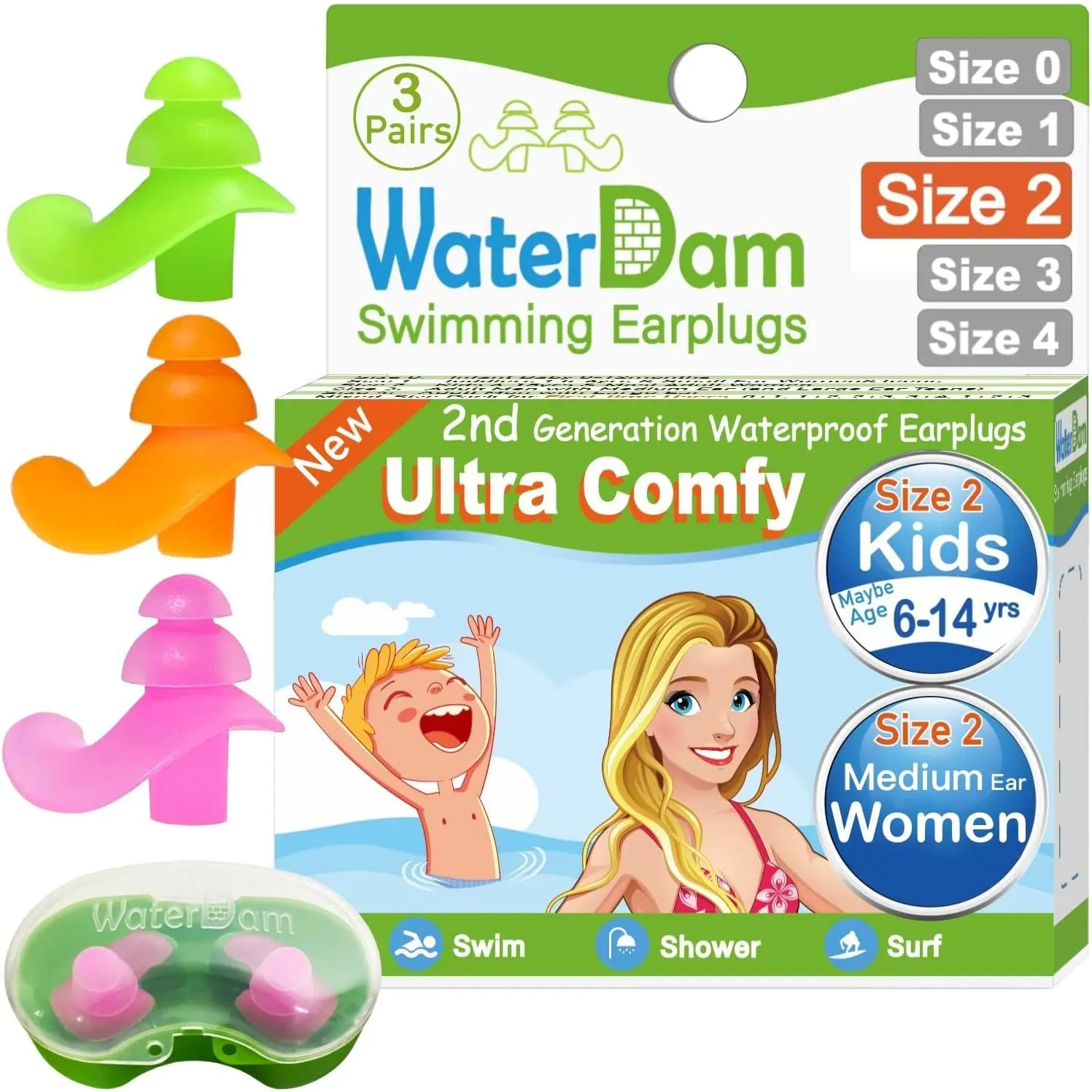 WaterDam Swimming Ear Plugs, Waterproof Water Sports Accessories, Ultra-Comfortable Protection Against Swimmer's Ear, Ear Plugs For Swimming