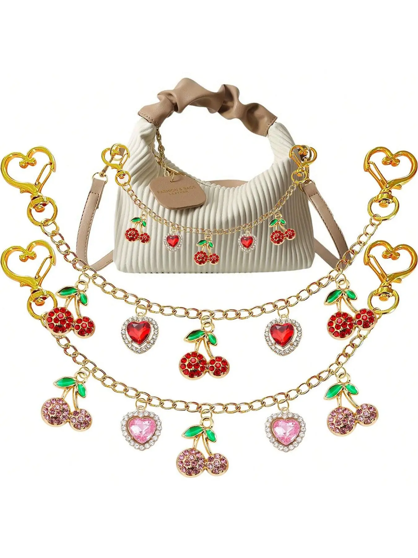 Rhinestone Cherry Heart Bag Chain Charms, Sparkling Crystal Cherry & Heart Bag Charm Pendants, Gold Heart Clasp Bag Chain Accessories, Sweet Coquette Bag Decoration Keychain, Ideal Fashion Gift for Trendy Girls & Women, Sparkly Bag Charm
