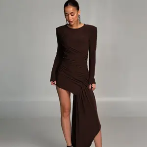 Padded Shoulder & Side Ruched Draped Ruffles Hem Slim-Fit Long Sleeve Bodycon Mini Dress  for Women's 2025 Fall New Solid Color Casual Elegant Trendy Dating Party Outfit Dresses