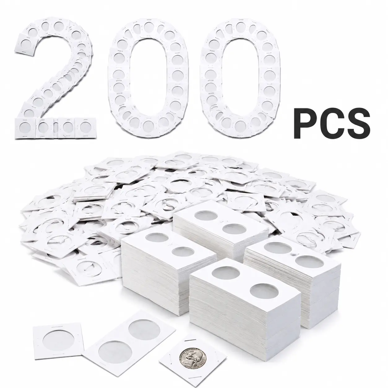 200-Piece Set of 2x2 Coin Holders (Flips) – 4 Sizes of Cardboard Coin Storage with Clear Window and Writable Area – Coin Collecting Supplies for Pennies Nickels and Quarters – Gift for Numismatists