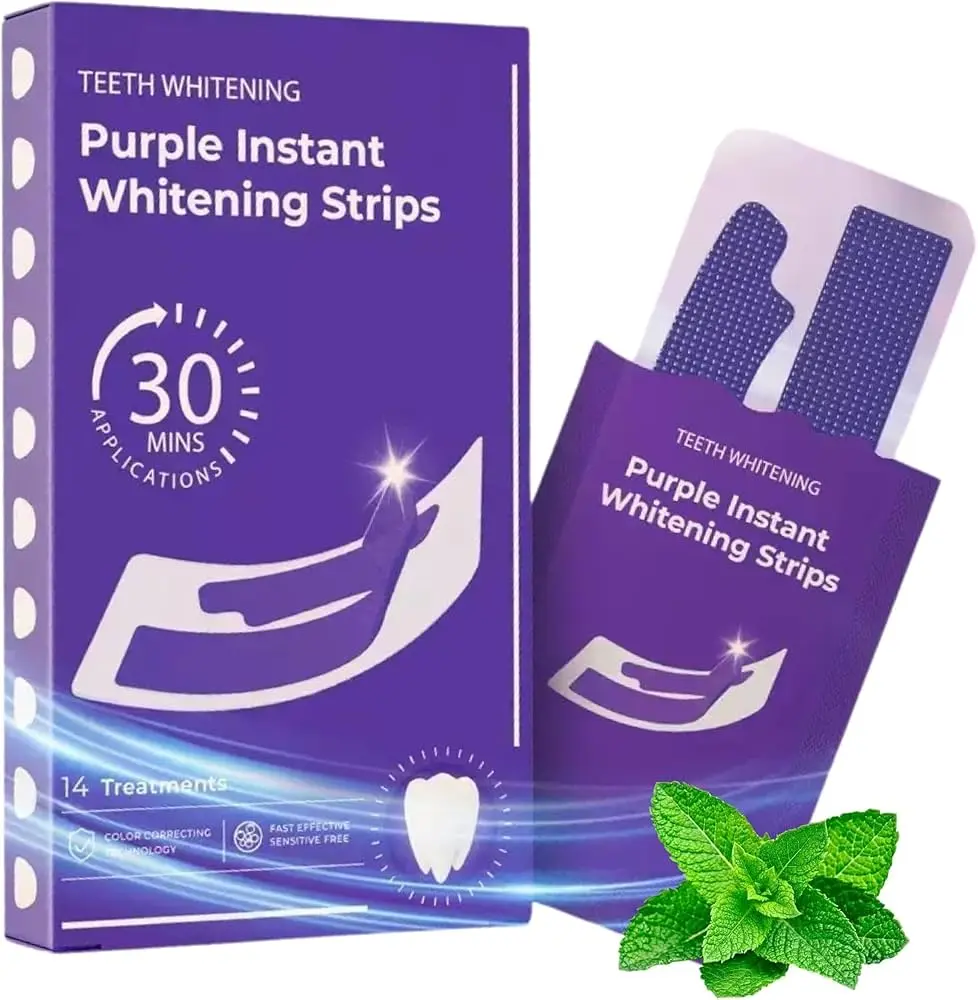 Purple Teeth Whitening Strips 14 Pairs-Teeth Brightener Strips,No Pain Yellow Stain Corrector, Natural Color Enhancement for Brighter Smile, Daily & Travel Use