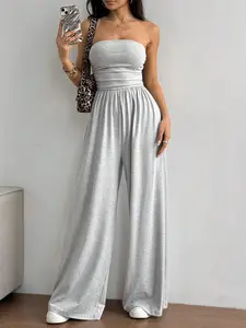 Women's Solid Color Tube Jumpsuit, Casual Fashion Jumpsuit for Daily Wear, Women's Jumpsuit for Summer, Casual Jumpsuits