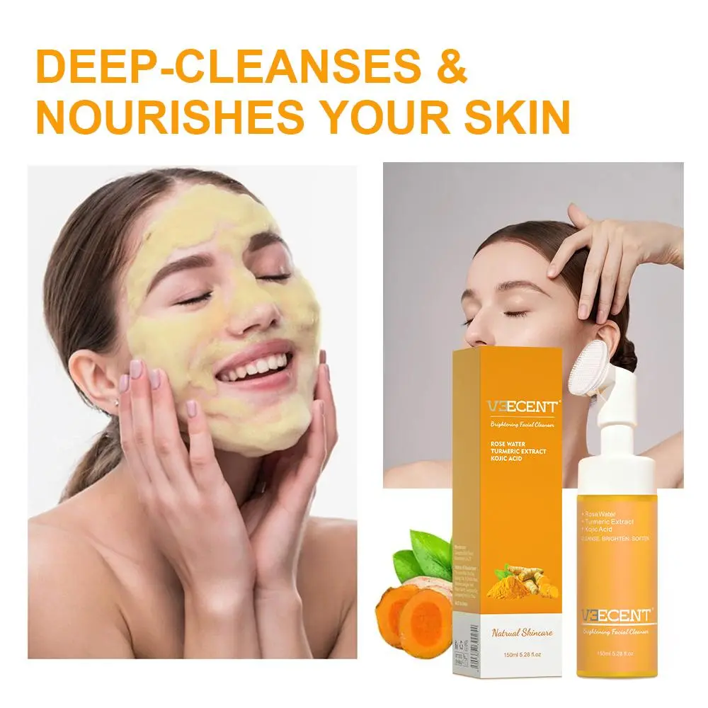 NEW - Veecent 150ml Turmeric + Kojic Acid Foaming Facial Cleanser + Silicone Brush Cleansing Skincare