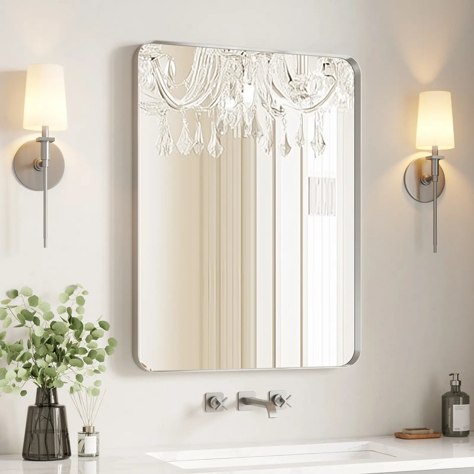 USHOWER Brushed Nickel Wall Mirror, Bathroom Vanity Mirror with Vanity Aesthetic, Rustproof Metal Frame, High-Definition Float Glass & Timeless Modern Design