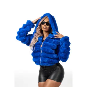 Vinetria Royal Blue Fur Jacket With Hood