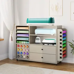 Rolling Craft Storage Cart, Craft Table Organizer with 24 Vinyl Roll Holder, 2 Large Drawers, Open Shelves, Crafting Table Workstation with Storage for Home Office, White