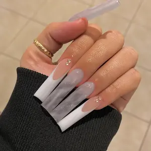 Long Press on Nails Square Fake Nails White French Tips False Nails Clear Acrylic Full Cover Glossy Glue on Nails with Rhinestone Designs for Women 24Pcs