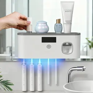 Bathroom toothbrush holder, wall-mounted toothbrush stand with toothpaste container, bathroom solar charging device for toothbrushes, no drilling required, toothbrush holder
