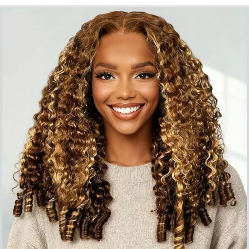 Black Women's 18-Inch Highlight Burmese Curly 100% Human Hair Wear & Go Glueless Wig, 9x4 T-Part HD Lace Pre-Plucked Pre-Cut Drawstring Wig, 250% Density, Ideal for Party