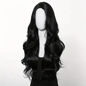 NEW Black synthetic wig with middle-parted long hair and big waves for party or daily use. High-temperature synthetic hair cap.
