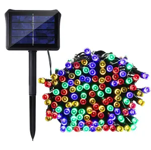 SOL-100 100 LED 32ft Solar Powered Outdoor String Lights - Waterproof & Energy Efficient - Dark Green Flexible Cable - Includes Solar Panel & Stake - Perfect for Patios & Balconies