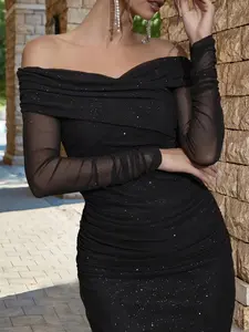 Sexy Bodycon Split Thigh Elegant Wedding Guest Dress, Fall Fashion off Shoulder Long Sleeve Sheer Mesh Slim Fit Party Gown
