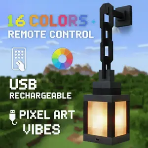 Pixelated Lantern LED Night Light,16 Colors Rechargeable LED Lamp with Remote, Rechargeable Retro Table/Wall Night Lamp,for Bedroom Gaming Kids ,Home Decoration and Children's Gifts (with Chain), Rechargeable USB Lamp, Wall Mounted Lighting