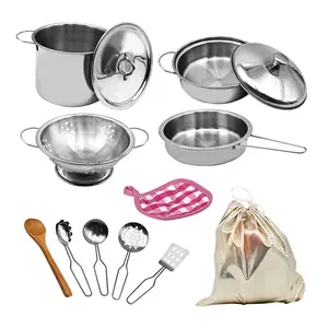 12 PCS Pretend Play Kitchen Set with Storage Bag, Simulated Stainless Steel Soup Pot, Pan, Shovel, Spoon, Pretend Cooking Utensils, Educational Chef Role Play Gift for Kids