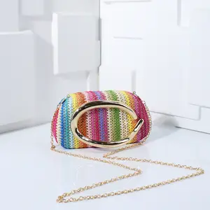 Summer Straw Woven Clutch Evening Handbag Chic Unique Handle Design Box Bag Chain Cross Body Purse Stylish Party Bag