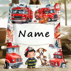 Personalized Fire Truck Blanket - Soft Flannel, Custom Name, Vibrant Cartoon Design with Firefighters & Dogs, Lightweight & Warm - Perfect for Sofa, Bed, Travel, Camping, and Gifting -Christmas gift Dream Weave Home