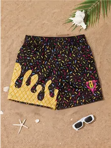 Cool Flame Pattern All Over Print Boys' Beach Shorts, Fashion Trendy Seaside Essential, Casual Loose-Fitting Boxers Trunks, Drawstring Waist