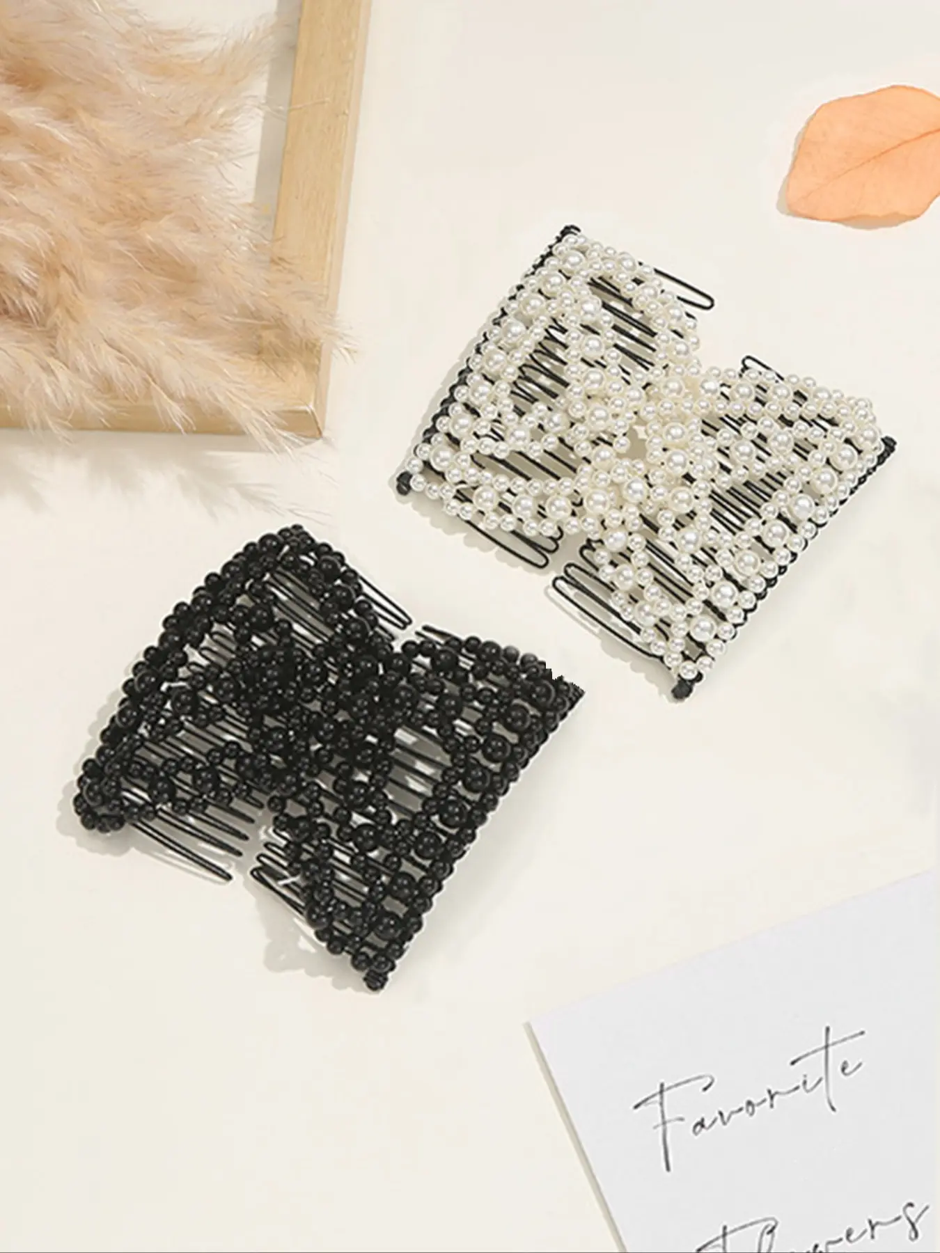 Elegant Pure Color Elastic Pearl Beaded Hair Combs, Barrettes Hair Clips For Styling, Simple Lazy Bun Styling Tool, Versatile Hair Accessory, Hair Style Accessory, Hair Bun Accessories Set of 2 Pieces