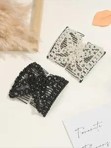 Elegant Pure Color Elastic Pearl Beaded Hair Combs, Barrettes Hair Clips, Simple Lazy Bun Styling Tool, Versatile Hair Accessory Set of 2 Pieces