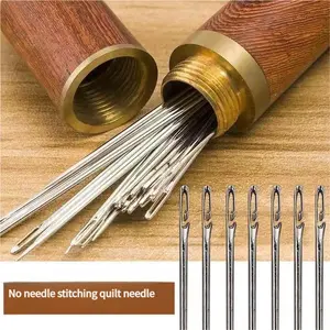 30pcs Self Threading Needles, Stainless Steel Blind Sewing Needles with Solid Wood Needle Case, Sewing Supplies for Home Use for DIY Embroidery Mending Sewing Projects