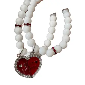 Best Friends Heart Bracelet with White Beads and Red Heart Charm for Women
