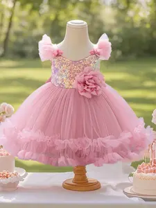 Toddler Girl's Glitter Flower Decor Mesh Dress, Elegant Party Dress for Kids, Kids Clothes for All Seasons, Tulle Dress