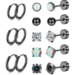 Trendy 8 Pairs Simple Classic Stud Hoop Earrings Mysterious Surgical Steel Earrings for Sensitive Ears Hypoallergenic for Women Men Charming Small CZ Flat Back Cartilage Earrings Set Unique Design Show An Unrestrained Attitude Simple Smooth Surface