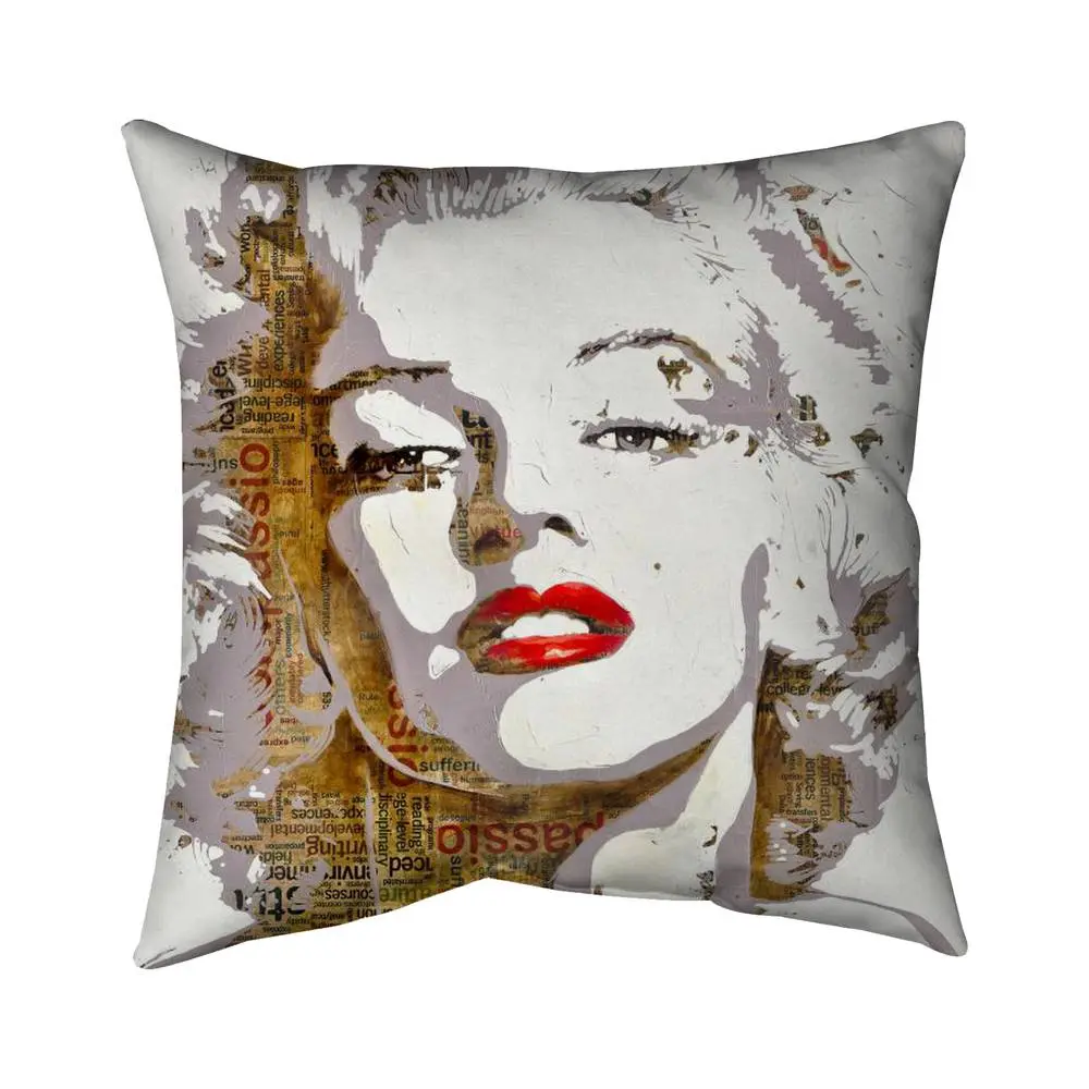 Vibrant 18"x18" Down-Filled Polyester Printed Throw Pillow - Hollywood Glamour Marilyn Monroe Typography Art, UV-Resistant, Weather-Resistant, Home/Patio Decor Accessory, Outdoor Cushions (Model 5542-1818-FI2), Letter Print Fabric Cover