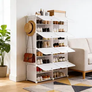 6/8-Tier Shoe Cabinet with Door, 24/32-Pair Capacity, Stackable & Detachable with Side Hooks, Sturdy Metal Frame & PP Plastic Panels for Entryway, Bedroom, Office