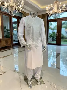 Medium White Cotton-Poly Shesha Mirror Work 2-Piece Afghan Outfit – Traditional Men’s Wear