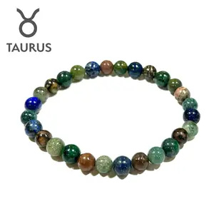 Taurus Crystal Bracelet - Astrology Bracelet with natural stones - Rhodonite, Chrysocolla, Indian Agate