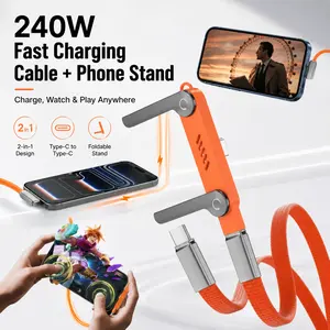 240W SuperCharge 2-in-1 Detachable Charging Cable with 360° Rotating Hidden Stand; Zinc Alloy & Silicone Type-C Cable; Compatible with Apple and Samsung Devices; Essential for Gaming, Office Use, and In-Car Use.