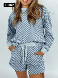 Hotapei Spring Autumn Casual Fitted Polyester Plaid Set, Round Neck Long Sleeve Top and Shorts, Comfortable Aesthetic Daily Wear, Women's Fashion Outfit, Womenswear