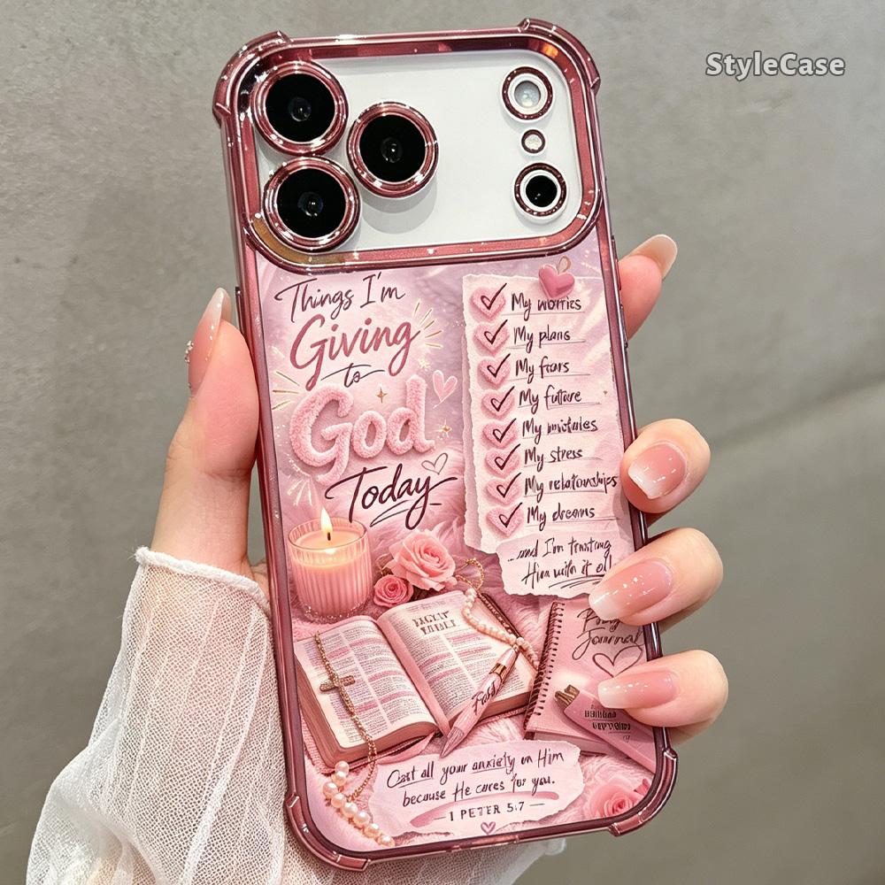 Giving to God Prayer Phone Case for iPhone 17 16 15 14 13 12 11 Pro Max Plus Air, Christian Faith Bible Verse Pink Clear TPU Shockproof Metallic Edge Cover Religious Gift DDSJ260627020