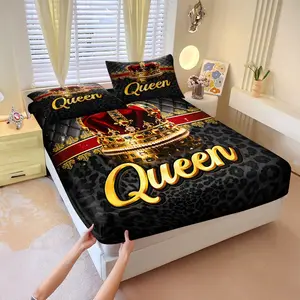 Leopard print crown motif fitted sheet set, Decorative bedsheet sets, Includes 1 Fitted Sheet & 2 Pillowcases without Filler, Warm and comfortable bedding, Suitable for gifting and creating a romantic bedroom decor