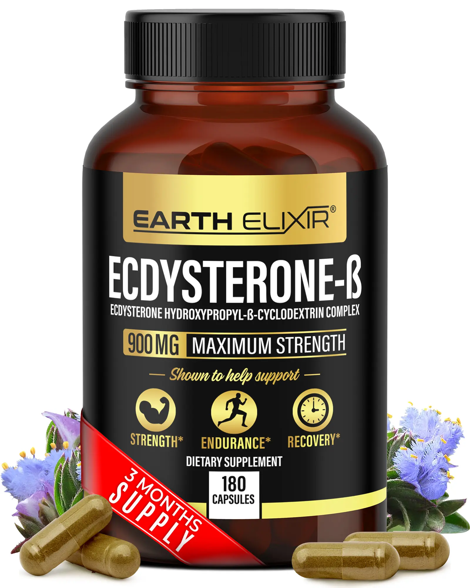 Earth Elixir Ecdysterone Dietary Supplements, 900mg (180 Capsules) - Made in USA, 95% Beta Ecdysterone with Hydroxypropyl-beta-Cyclodextrin for Enhanced Bioavailability - Fitness & Healthcare Muscle Support for Men
