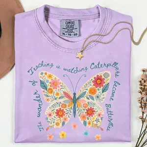Butterfly Teacher Shirt | The Wonder of Teaching Quote | Floral Watercolor Butterfly Shirt for Educators | Comfort Colors T-Shirt
