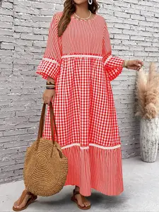 High Waist Patchwork Slimming Midi Dress, Women's Spring & Fall Bohemian Boho Loose Fit Belly Concealing Plaid Long Sleeve Cotton Linen Casual A-Line Dress, Summer Breathable Everyday