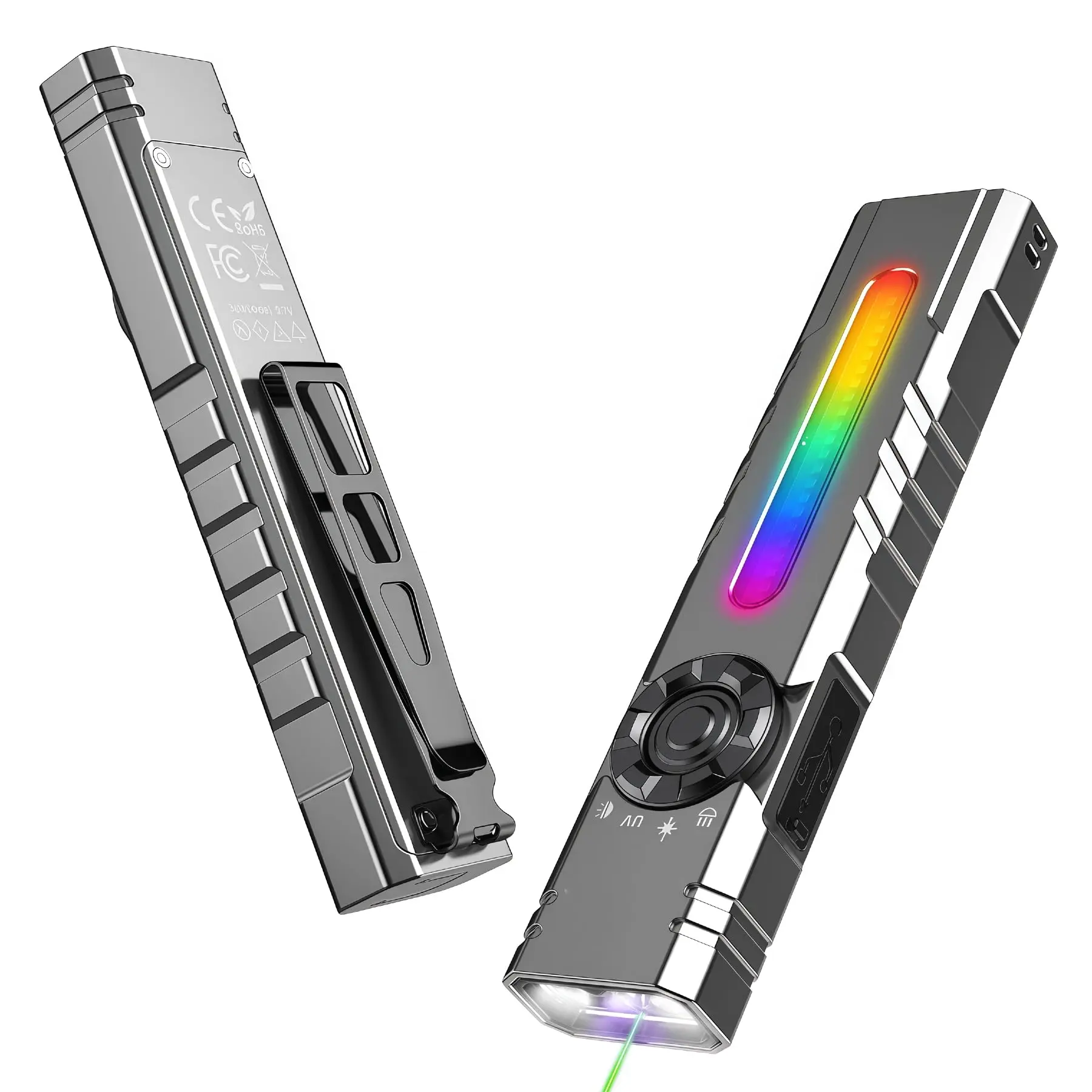 EDC Flashlight Rechargeable , Powerful Flat Mini Flashlights Magnetic, 2200 High Lumens Super Bright LED Flash Light with RGB UV and Green Beam for Working Emergency Camping Everyday Carry