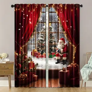 2Pcs Festive Santa Christmas Curtains - Stick Bag Design, Polyester, Perfect for Living Rooms and Bedrooms, Perfect for Holiday Decorations and Kitchen Use, Christmas Curtains, Home Decoration Curtain, Window Curtain