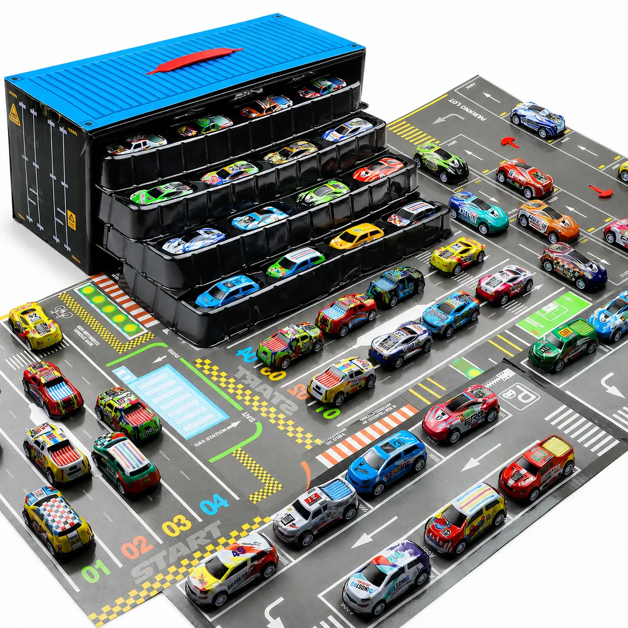 48-Pack Toy Cars, Metal Shell Mini Racing Vehicles with Portable Container Display and Fold-Out City Parking Mat for Kids Ages 3+