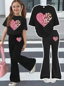 Girls' Sequin Leopard-Print Heart-Print Two-Piece Set: Short-Sleeve T-Shirt + Black Flared Pants. Comfortable, skin-friendly top and bottom set with heart-print accents. Perfect for everyday casual wear. Available in multiple sizes.