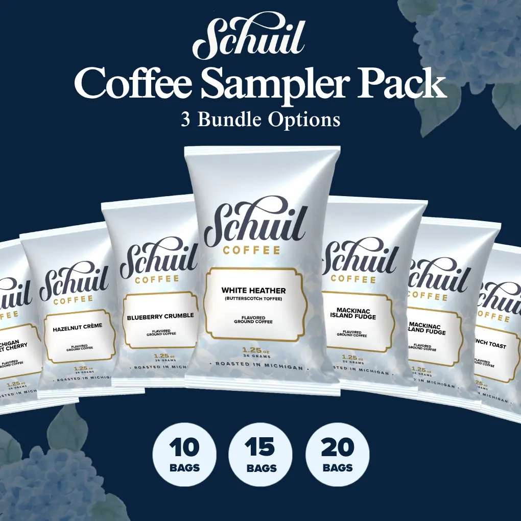 Schuil Coffee Co. Flavored Ground Variety Pack - 10,15,20-Count Assorted Sampler Bundle with Vanilla, Caramel, Hazelnut, Cherry Options, 1.25oz, Clean, Roasted Fresh in Small Batches, Allergen-Free Flavored Coffees