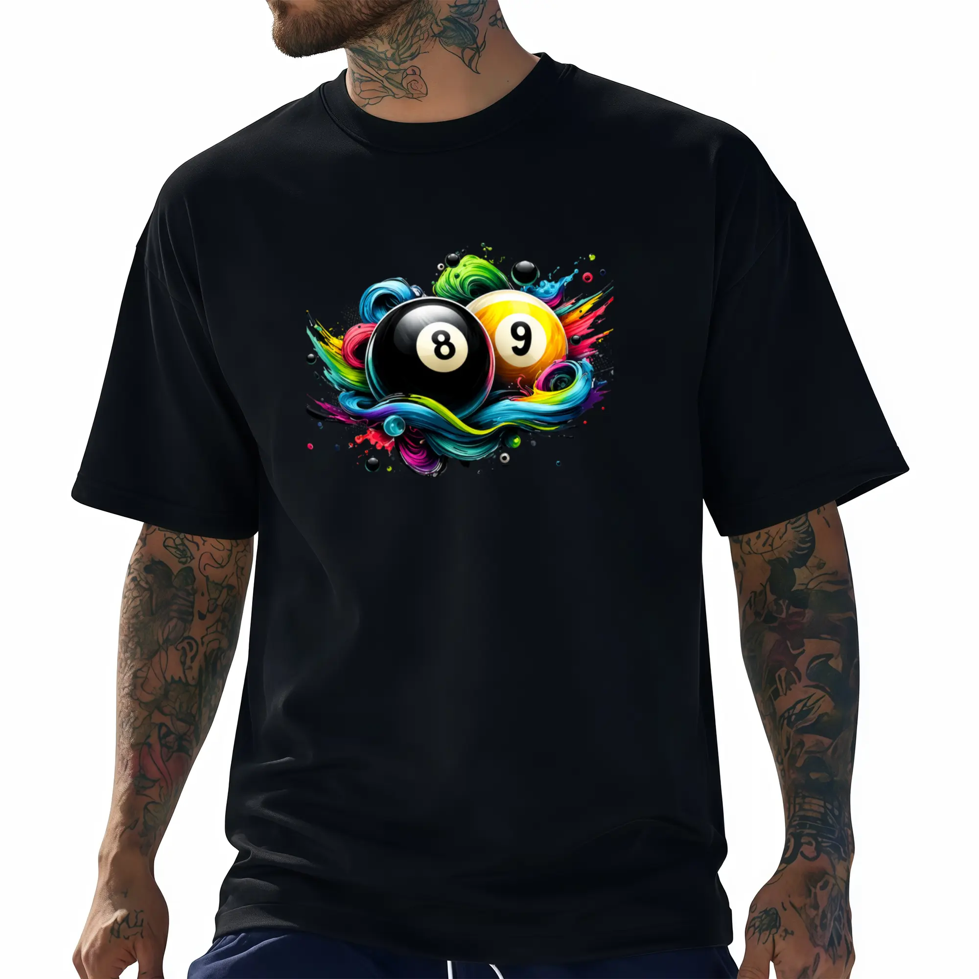 Unisex 8-Ball & 9-Ball Graffiti Art T-Shirt. This black, vintage Harajuku-style tee features an 8-ball and 9-ball design. Suitable for all seasons, it is perfect for pool parties and casual wear. A casual, short-sleeved T-shirt Apparel Cotton